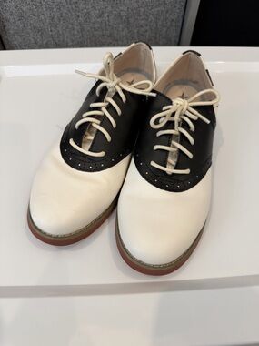 Eastland Two-Tone Saddle Oxfords in Black and White with Tan Sole